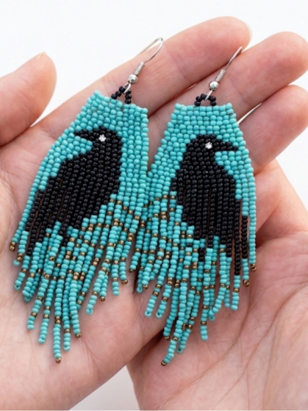Handmade Beaded Raven Fringe Earrings Turquoise Black Boho Artisan Jewelry New